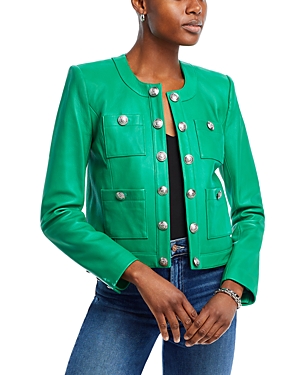 Shop L Agence Jayde Leather Open Front Jacket In Sea Green