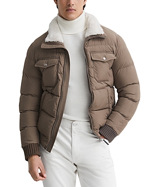 Shop Reiss Mist Faux Fur-trimmed Full-zip Puffer Jacket In Mushroom