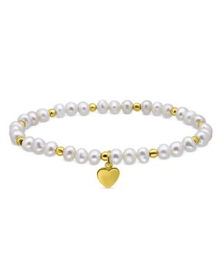 AQUA - Heart Charm Cultured Freshwater Pearl Beaded Stretch Bracelet in 18K Gold Plated Sterling Silver - Exclusive