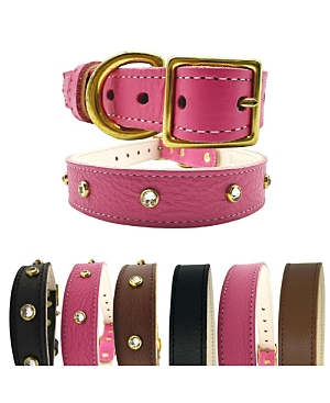 Bonne Et Filou Crystal-studded Plain Leather Dog Collar In Bright Pink