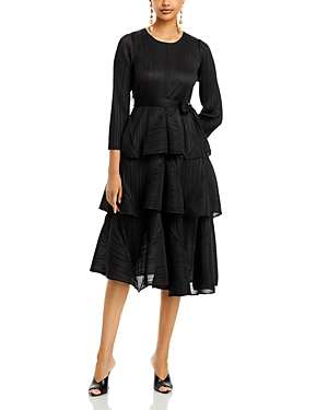 Nancy Yang Pleated Tiered Skirt Midi Dress In Black