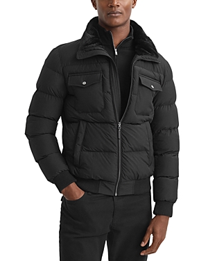 Shop Reiss Mist Faux Fur-trimmed Full-zip Puffer Jacket In Black