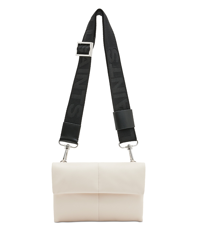 Allsaints Ezra Logo Strap Leather Crossbody Bag In Desert White/antique Silver
