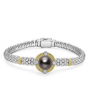 Shop Lagos 18k Yellow Gold & Sterling Silver Luna Black Tahitian Pearl & Diamond Caviar Bead Bracelet In Black/silver