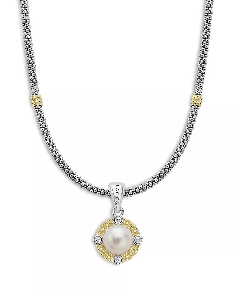 Lagos 18K Yellow Gold & Sterling Silver Luna Cultured Freshwater Pearl & Diamond Pendant Necklace, 18
