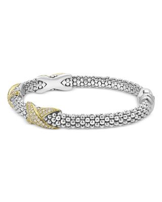 18K Yellow Gold & Sterling Silver Embrace Diamond Pav&eacute; X Station Caviar Bead Bracelet