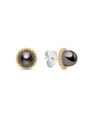 18K Yellow Gold & Sterling Silver Luna Tahitian Black Pearl Stud Earrings