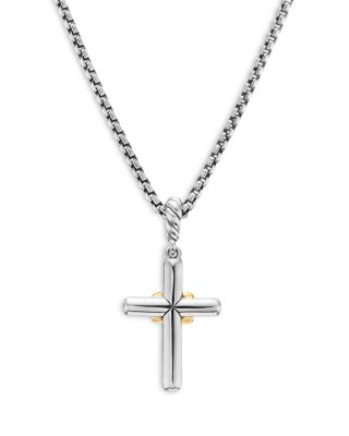 Petite Cross Necklace in Sterling Silver & 18K Yellow Gold with Diamonds, 17"