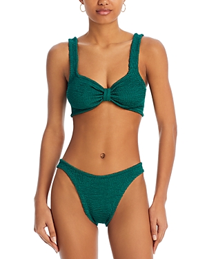 Hunza G Bonnie Smocked Bikini Top & Bottoms Set In Metallic Green