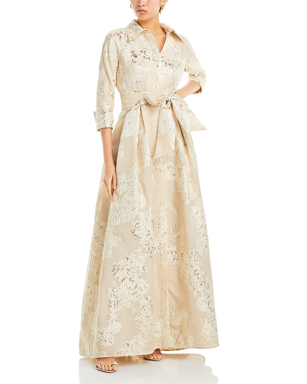 Teri Jon by Rickie Freeman Metallic Jacquard Shirt Dress Gown