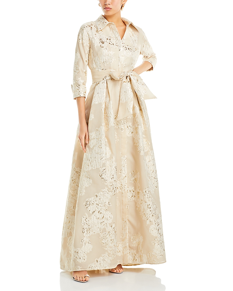 Teri Jon By Rickie Freeman Metallic Jacquard Shirt Dress Gown