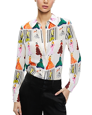 Shop Alice And Olivia Willa Staceface Silk Long Sleeve Shirt In Romantic