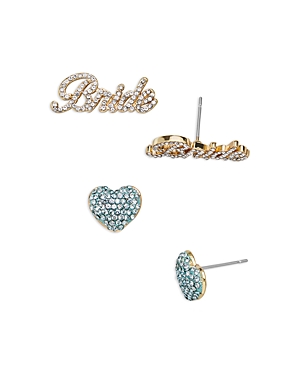 Something Blue Pave Bride & Heart Stud Earrings in Gold Tone