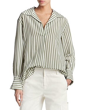 Vince Coast Stripe Shaped-collar Pullover Shirt In Sea Fern/optic White