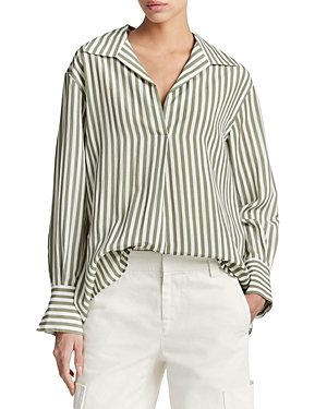 Shop Vince Coast Striped V Neck Shirt In Sea Fern/optic White