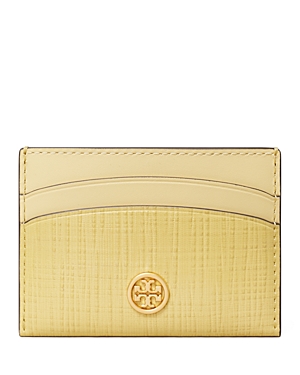 Shop Tory Burch Robinson Crosshatched Leather Card Case In Pale Butter/gold