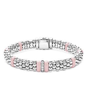 Shop Lagos Sterling Silver Pink Caviar Diamond & Pink Ceramic Bead Link Bracelet In Pink/silver