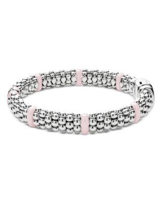 Sterling Silver Pink Caviar Diamond & Pink Ceramic Bead Link Bracelet