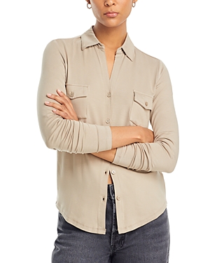 Shop Majestic Point Collar Button Front Shirt In Desert