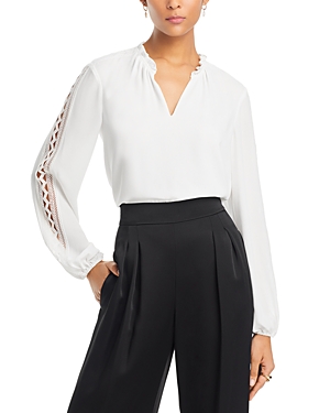 Shop T Tahari Lace Inset V Neck Top In White Star