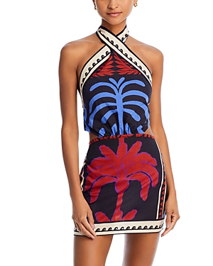 Shop Johanna Ortiz Awash Mystery Cotton Palm Mini Dress In African Waves Parero Red/cobalt