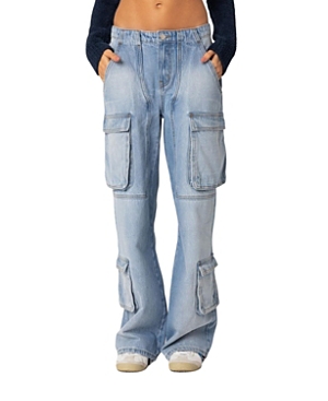 Shop Edikted Tara Low Rise Denim Cargo Jeans In Blue Washed