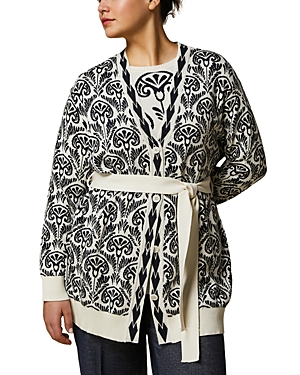 Shop Marina Rinaldi Jacquard Knit V Neck Cardigan In Ivory