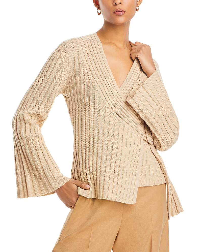 Jeyda Wide Ribbed Faux Wrap Wool Sweater