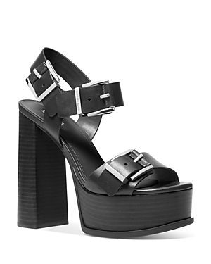 Shop Michael Kors Michael  Women's Colby Triple Buckle High Heel Platform Sandals In Black