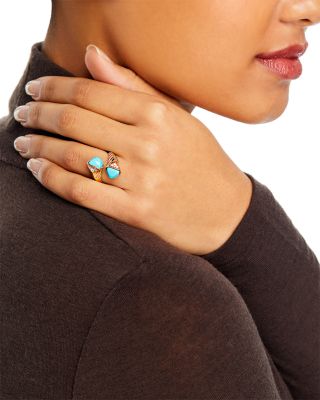 Turquoise & Diamond Bypass Ring in 14K Yellow Gold