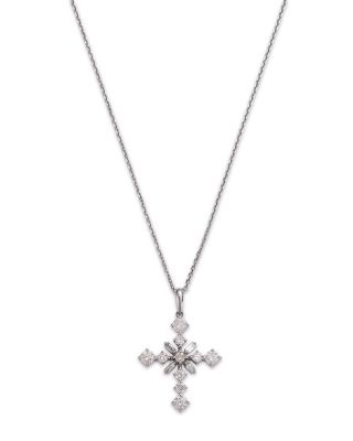 Bloomingdale's Fine Collection - Diamond Round & Baguette Cross Pendant Necklace in 14K White Gold, 1.0 ct. t.w.