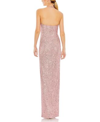 Sequined Halter Strap Low Side Knot Gown