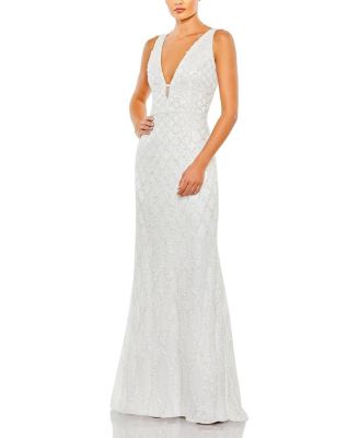 Mac Duggal Sequined Plunge Neck Sleeveless Column Gown