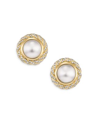 David Yurman 18K Yellow Gold Pearl South Sea White Pearl & Diamond Halo Button Stud Earrings