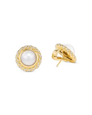 18K Yellow Gold Pearl South Sea White Pearl & Diamond Halo Button Stud Earrings
