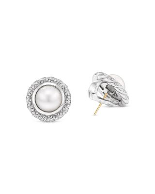 Sterling Silver Pearl South Sea White Pearl & Diamond Halo Button Stud Earrings