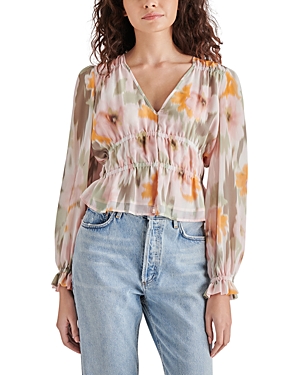 Shop Steve Madden Ardenne Faded Floral Chiffon Top In Olive