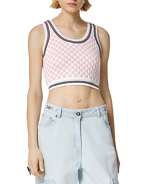 Shop Versace Cropped Jacquard Checked Tank Top In White/pale Pink