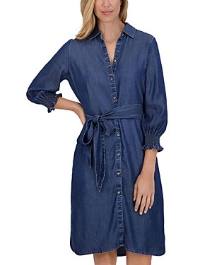 Foxcroft Abby Belted Long Sleeve Shirtdress In Navy
