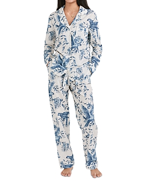Shop Desmond & Dempsey Bromley Parrot Long Pajama Set In Cream/blue