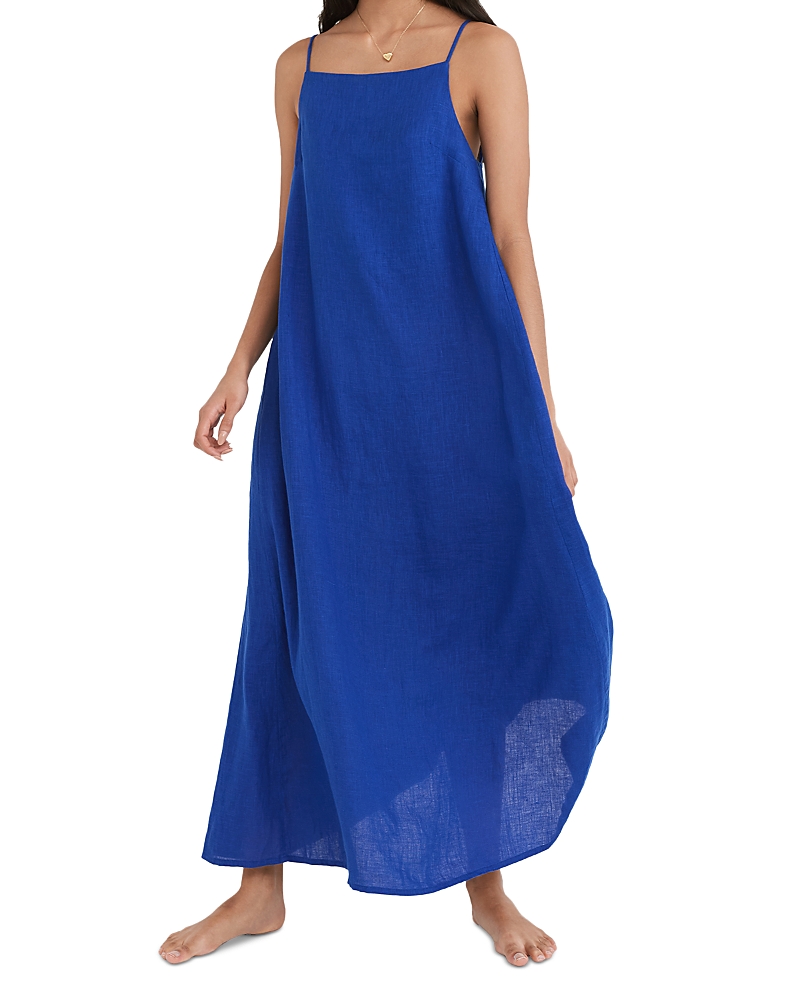 Desmond & Dempsey Print Square Neck Linen Nightgown In Blue