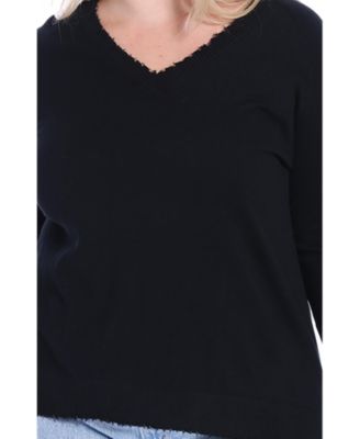  Plus Size Cotton Distressed Long Sleeve V-Neck Sweater