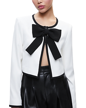 Shop Alice And Olivia Kidman Bow Cropped Top In Off White/black
