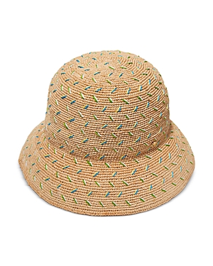 Shop Lele Sadoughi Embroidered Raffia Bucket Hat In Tan/multi