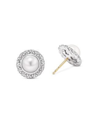 Pearl Classics Cable Halo Button Earrings in Sterling Silver with Diamonds, 13mm