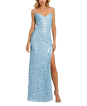 Shop Mac Duggal Embellished Spaghetti Strap V Neck Gown With Slit In Ice Blue