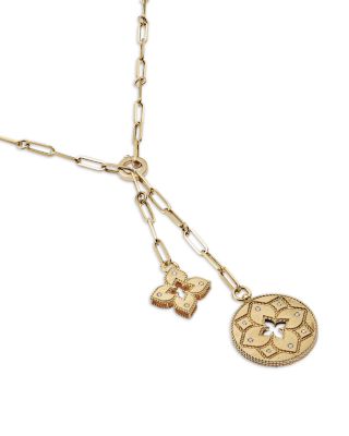 18K Yellow Gold Venetian Princess Diamond Flower &amp; Open Disc Pendant Y Necklace, 15&amp;quot;