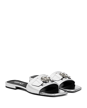 Shop Versace Women's Medusa Medallion Flat Slide Sandals In Silver