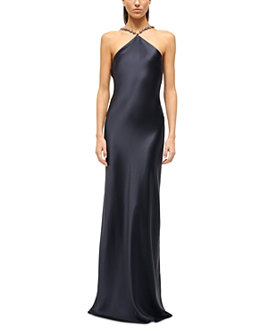 Shop Staud Cadence Beaded Strap Satin Gown In Navy