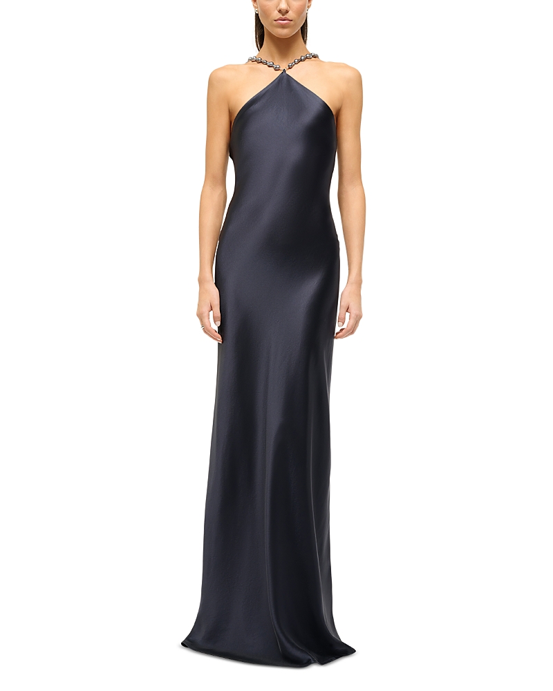 Staud Cadence Beaded Halter Satin Maxi Dress In Navy